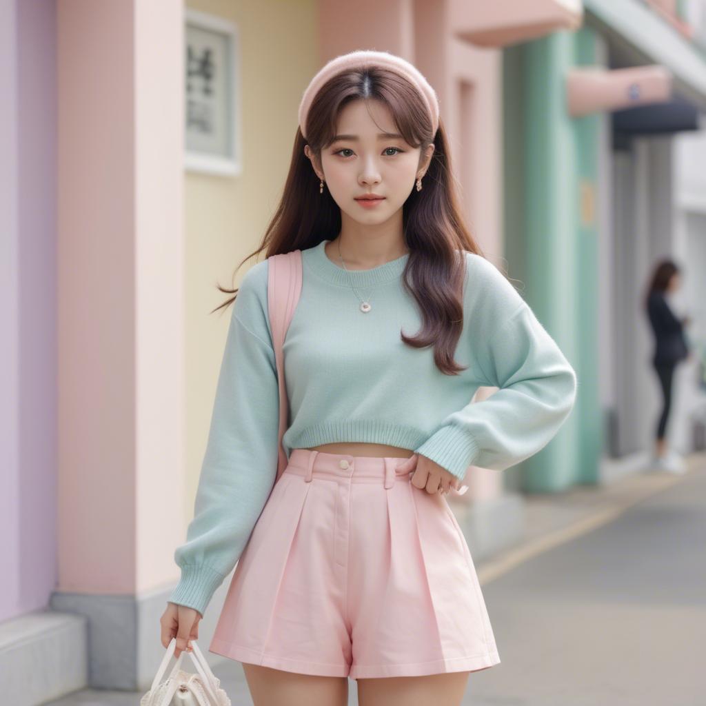 A stunning image of korean girl in a cute pastel outfit.