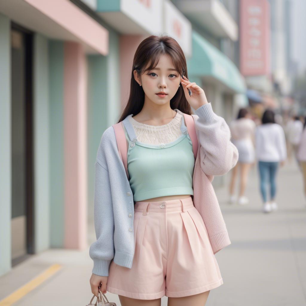 A stunning image of korean girl in a cute pastel outfit.