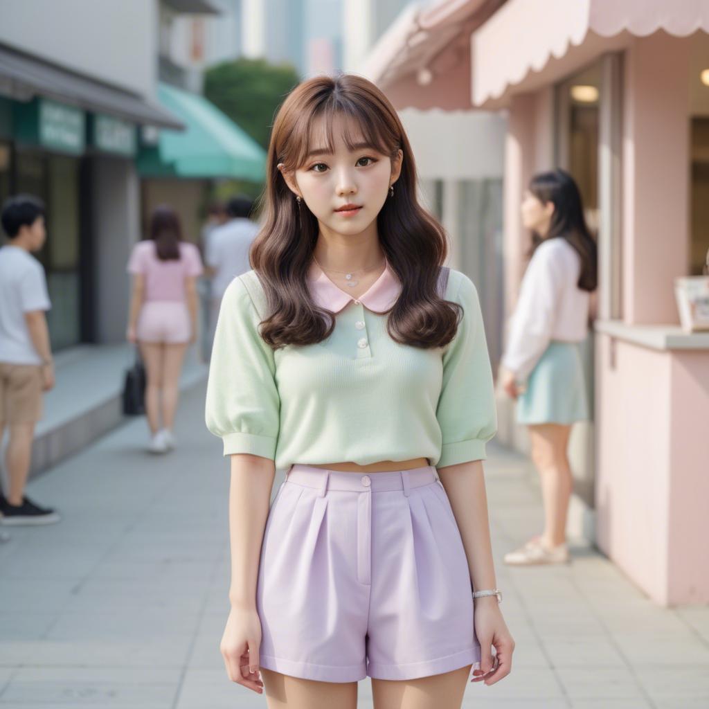A stunning image of korean girl in a cute pastel outfit.