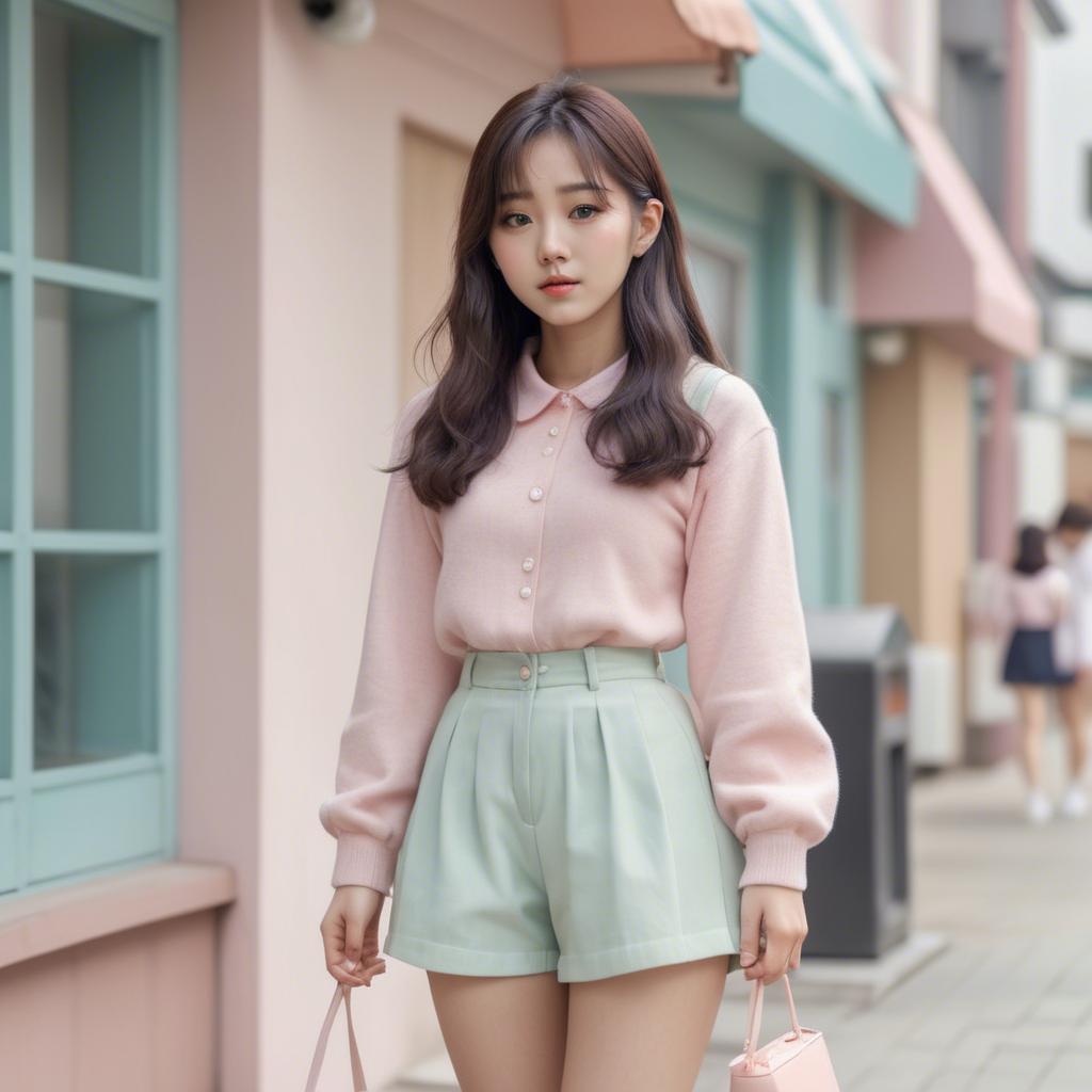 A stunning image of korean girl in a cute pastel outfit.