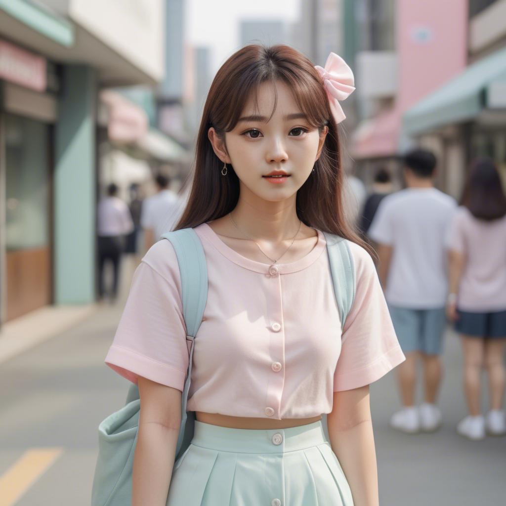 A stunning image of korean girl in a cute pastel outfit.