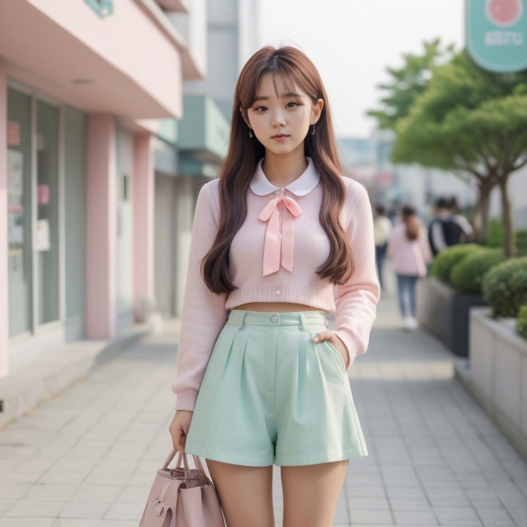 A stunning image of korean girl in a cute pastel outfit.