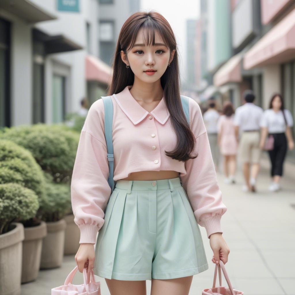 A stunning image of korean girl in a cute pastel outfit.