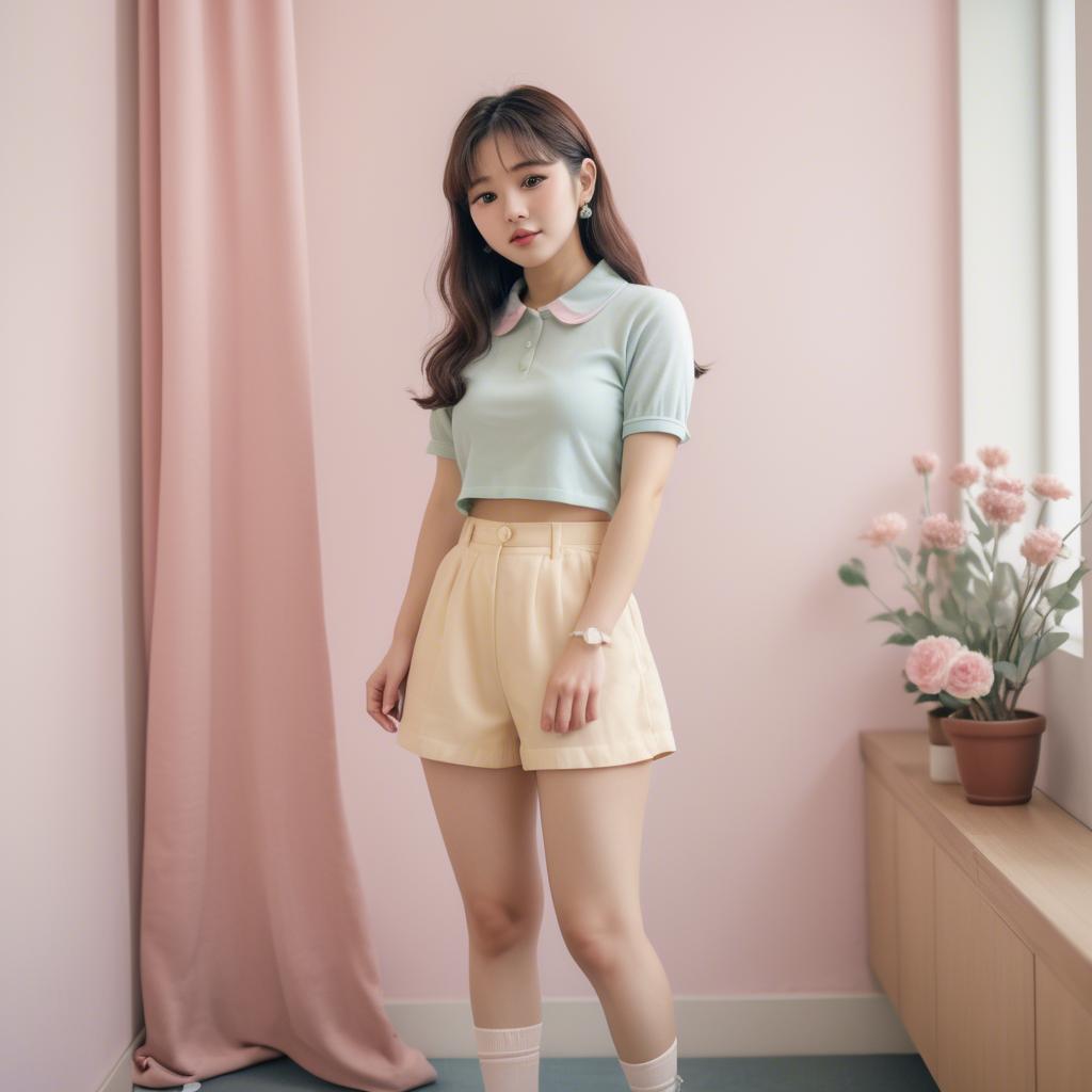 A stunning image of korean girl in a cute pastel outfit.