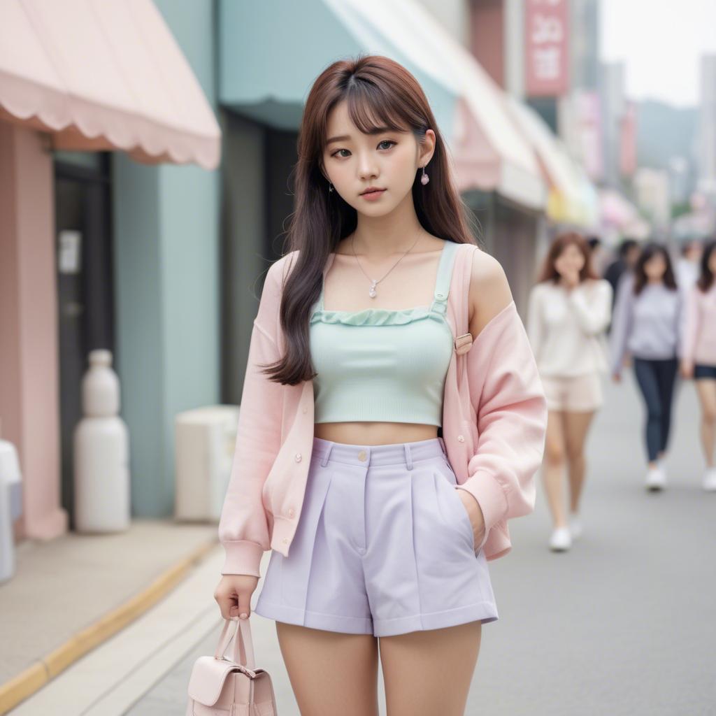 A stunning image of korean girl in a cute pastel outfit.