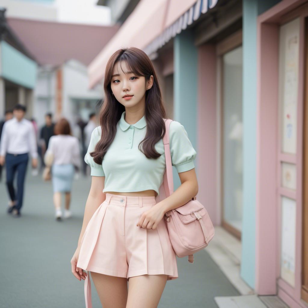 A stunning image of korean girl in a cute pastel outfit.