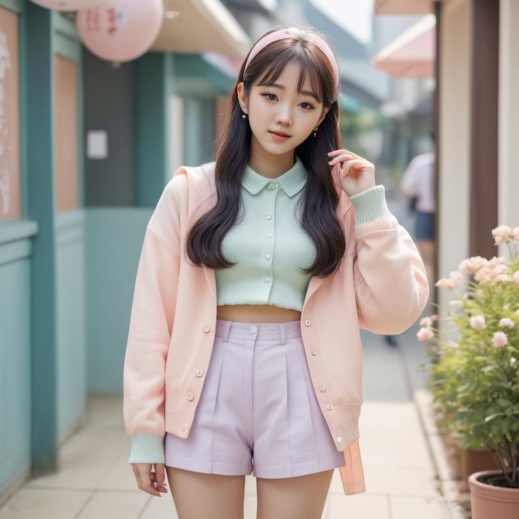 A stunning image of korean girl in a cute pastel outfit.