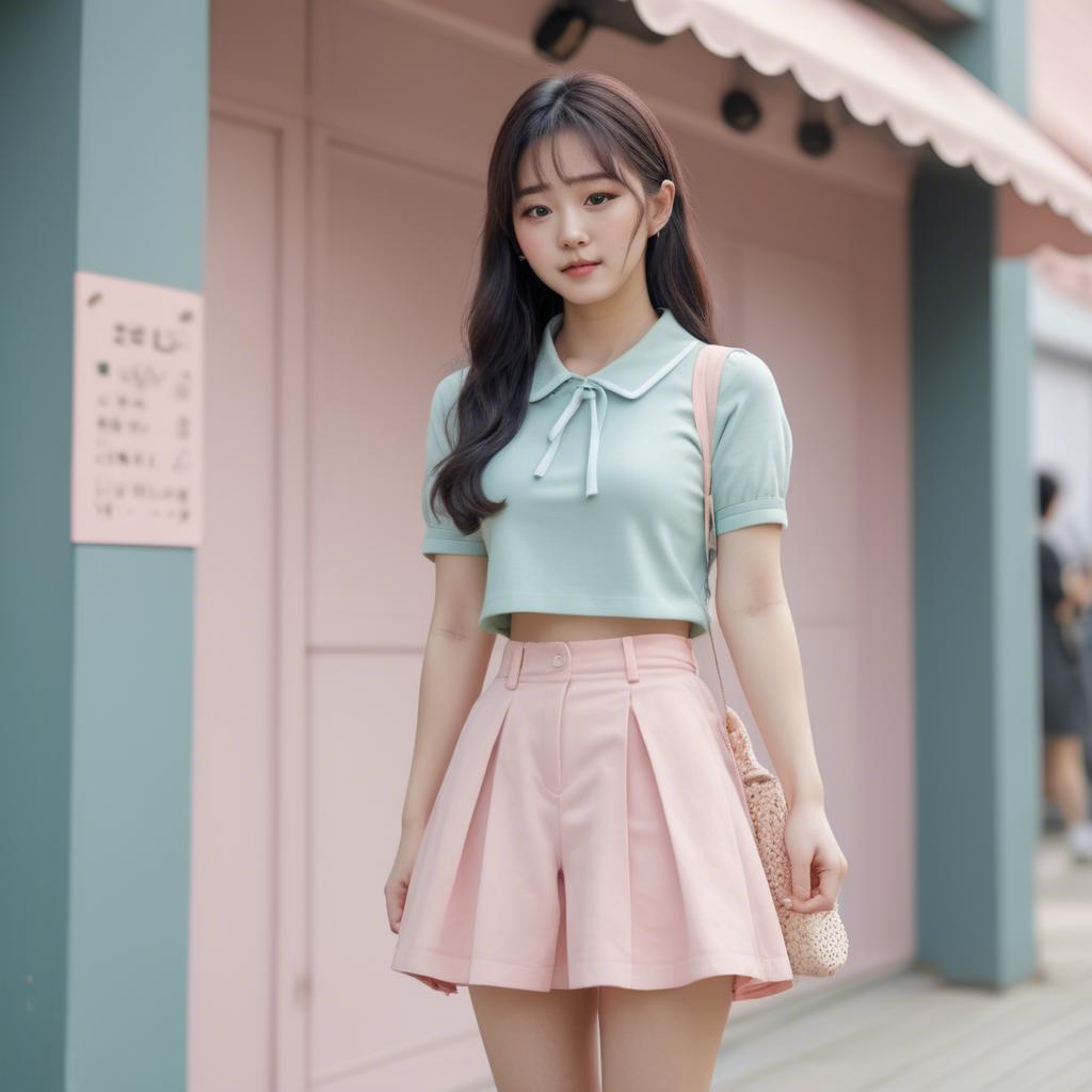 A stunning image of korean girl in a cute pastel outfit.