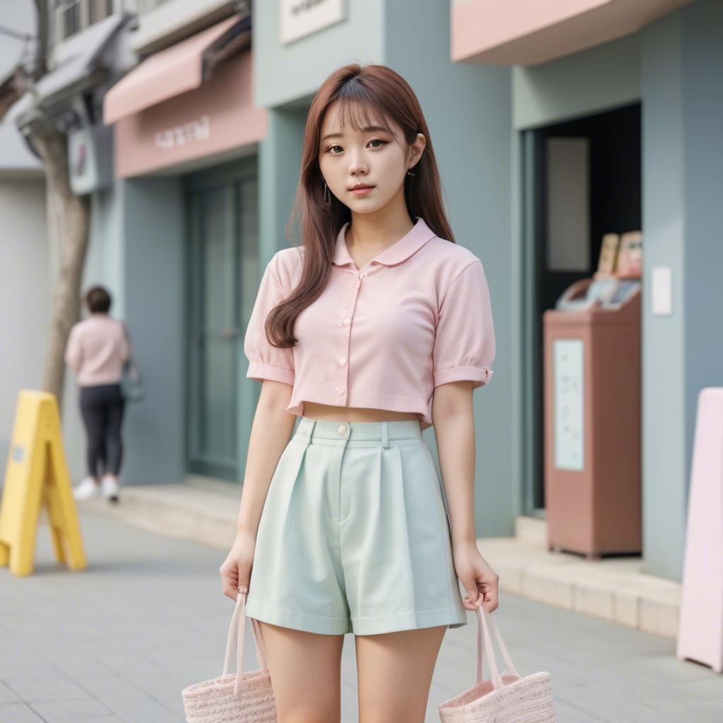 A stunning image of korean girl in a cute pastel outfit.