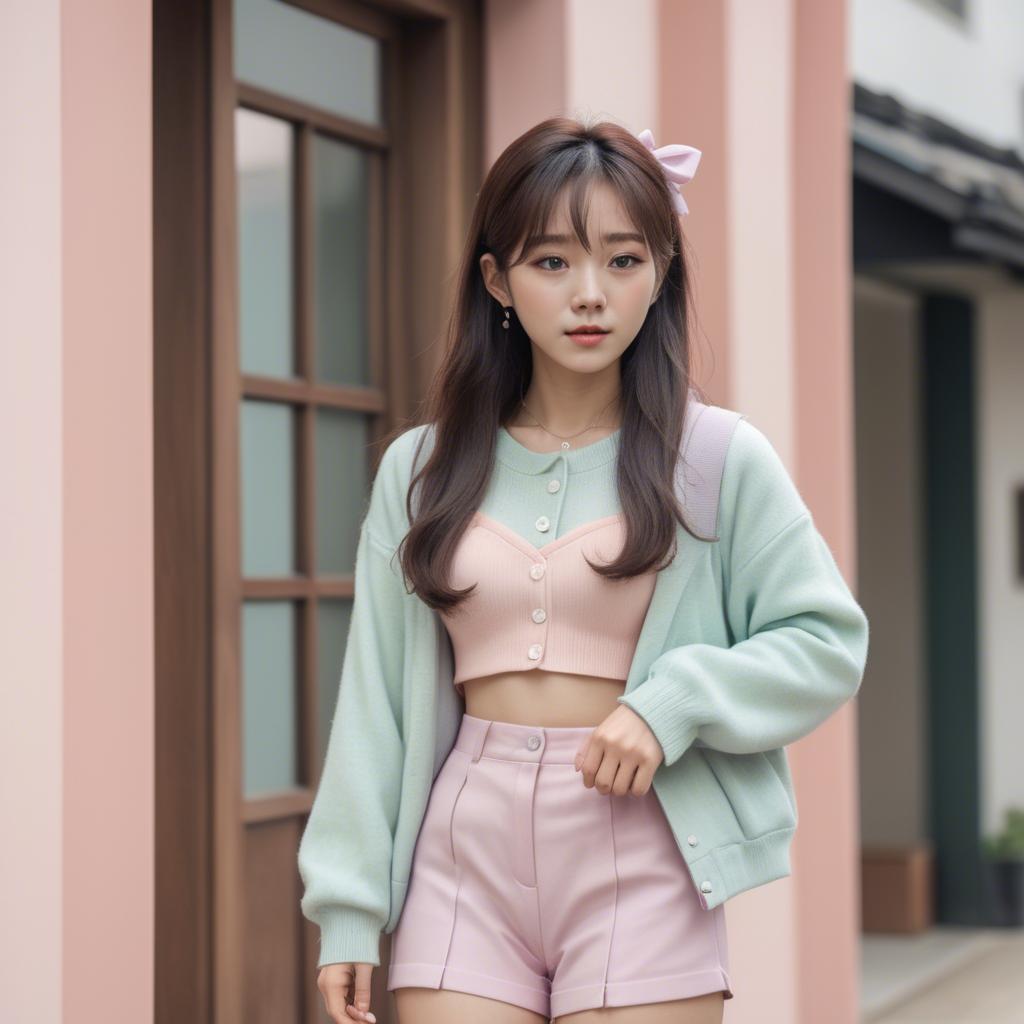 A stunning image of korean girl in a cute pastel outfit.