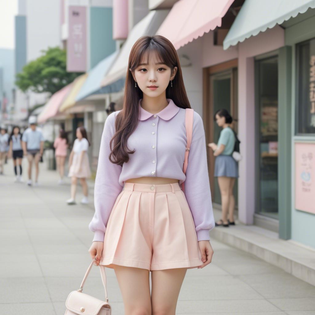 A stunning image of korean girl in a cute pastel outfit.