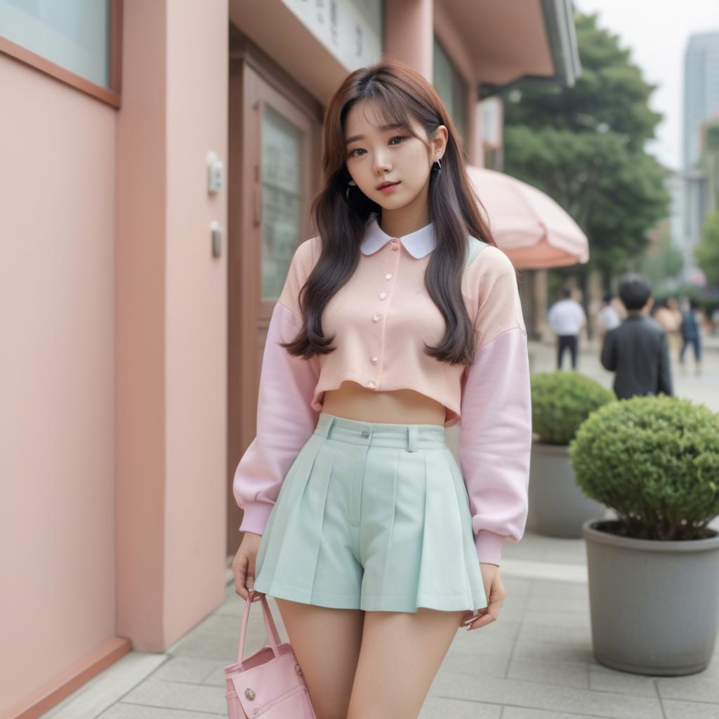 A stunning image of korean girl in a cute pastel outfit.