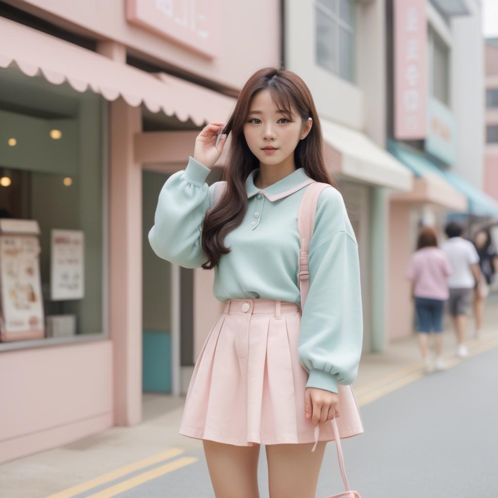 A stunning image of korean girl in a cute pastel outfit.