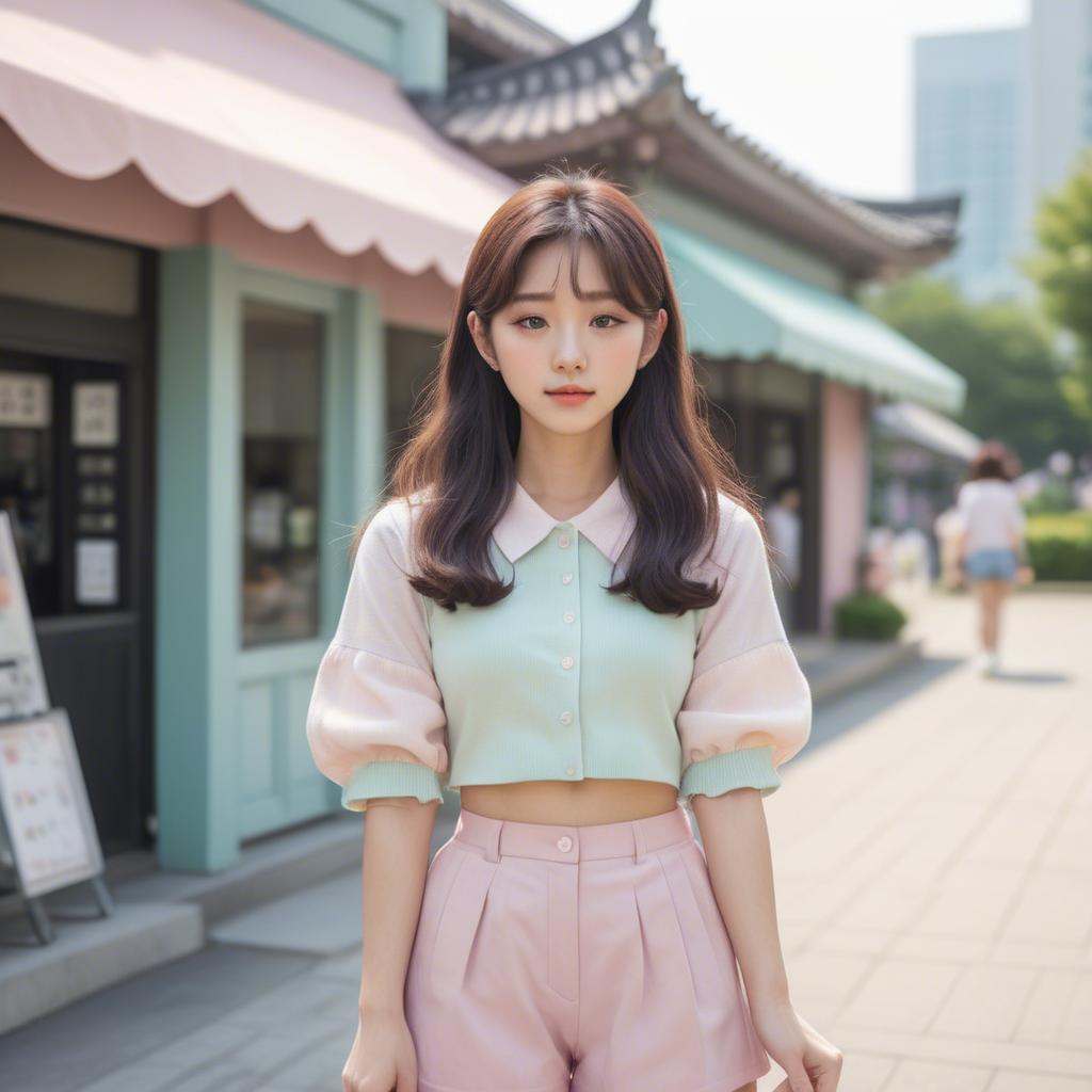 A stunning image of korean girl in a cute pastel outfit.