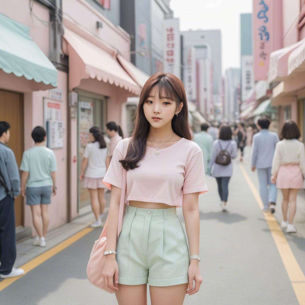 A stunning image of korean girl in a cute pastel outfit.