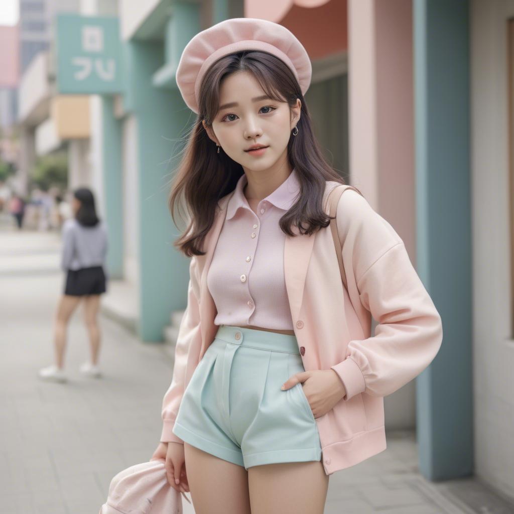 A stunning image of korean girl in a cute pastel outfit.