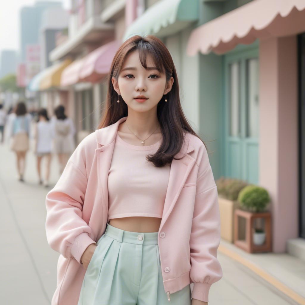 A stunning image of korean girl in a cute pastel outfit.