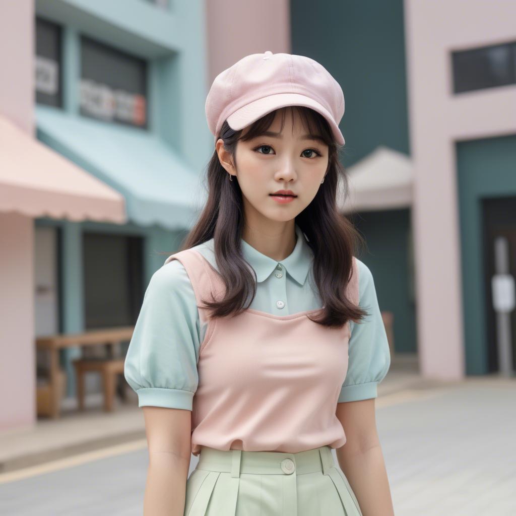 A stunning image of korean girl in a cute pastel outfit.