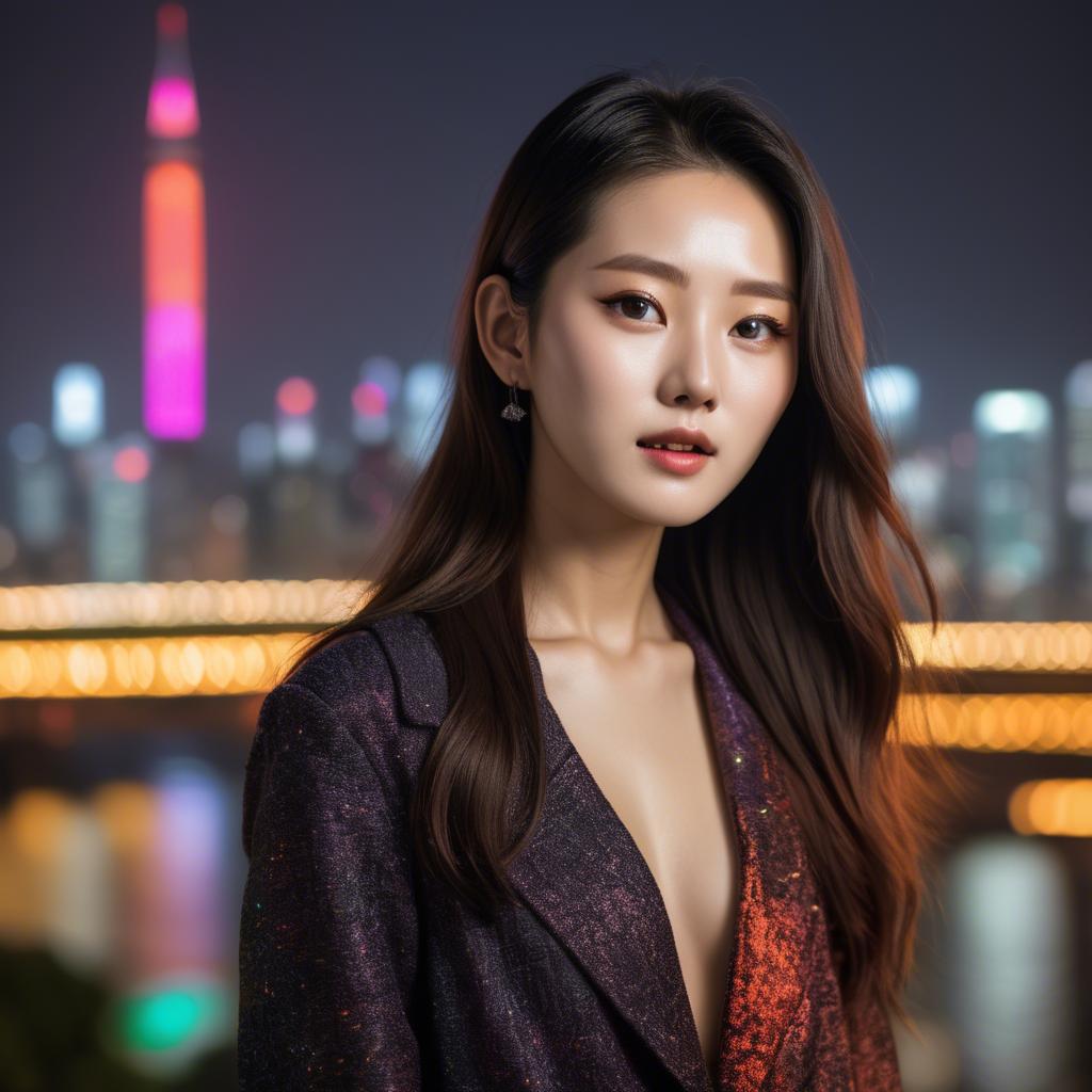 A stunning image of korean model with vibrant city lights in the background.