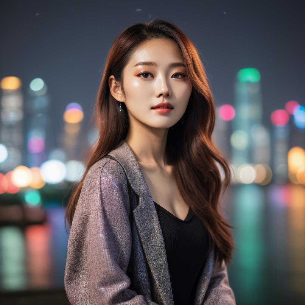 A stunning image of korean model with vibrant city lights in the background.