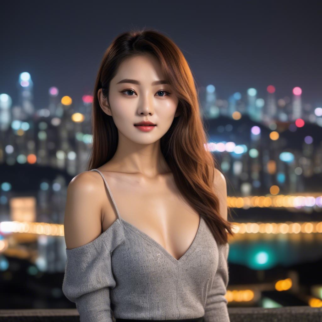 A stunning image of korean model with vibrant city lights in the background.