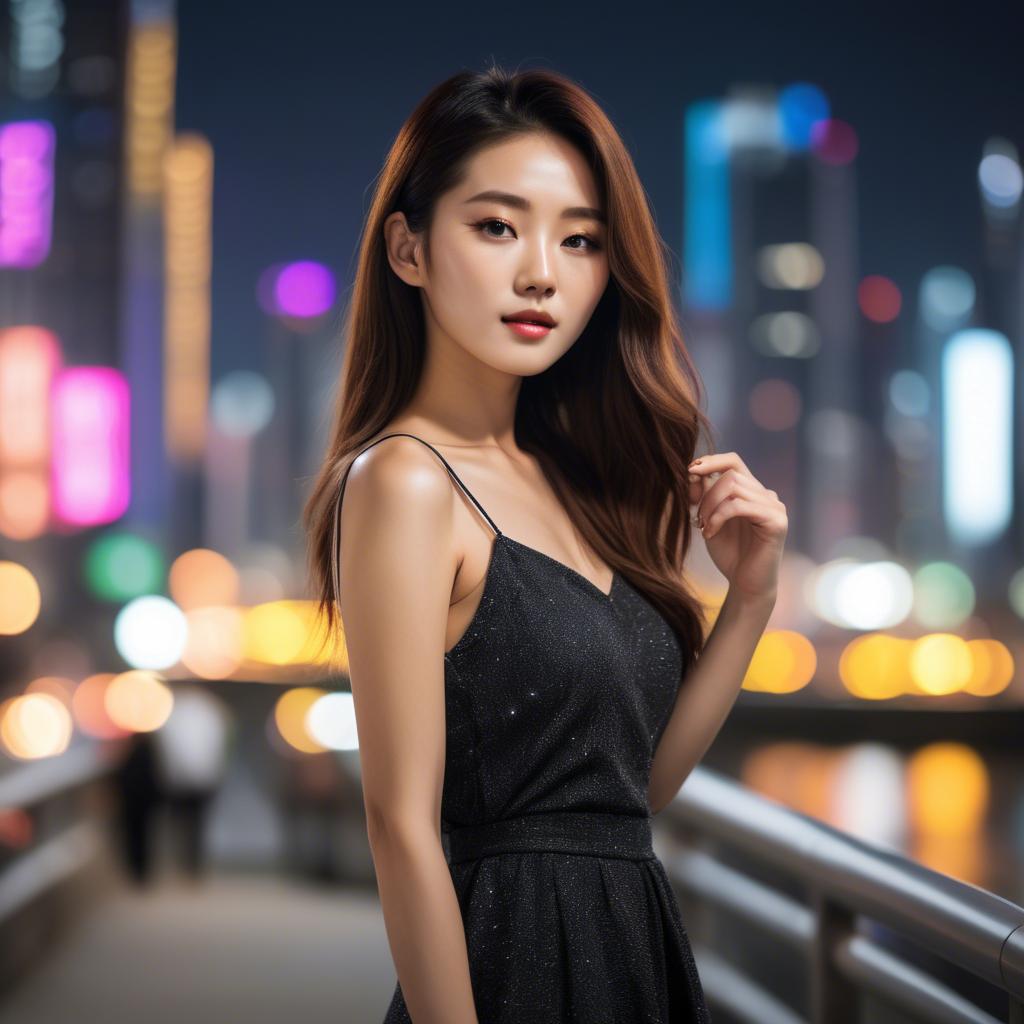 A stunning image of korean model with vibrant city lights in the background.