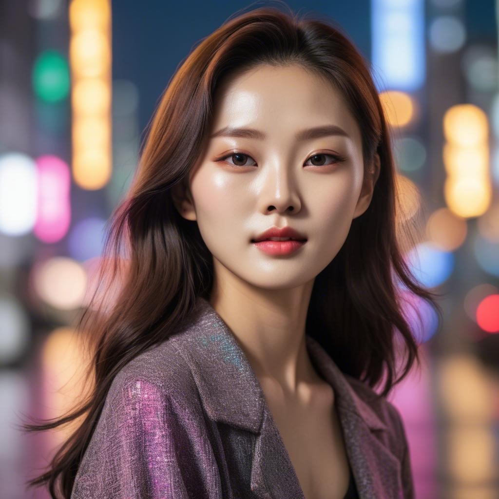 A stunning image of korean model with vibrant city lights in the background.