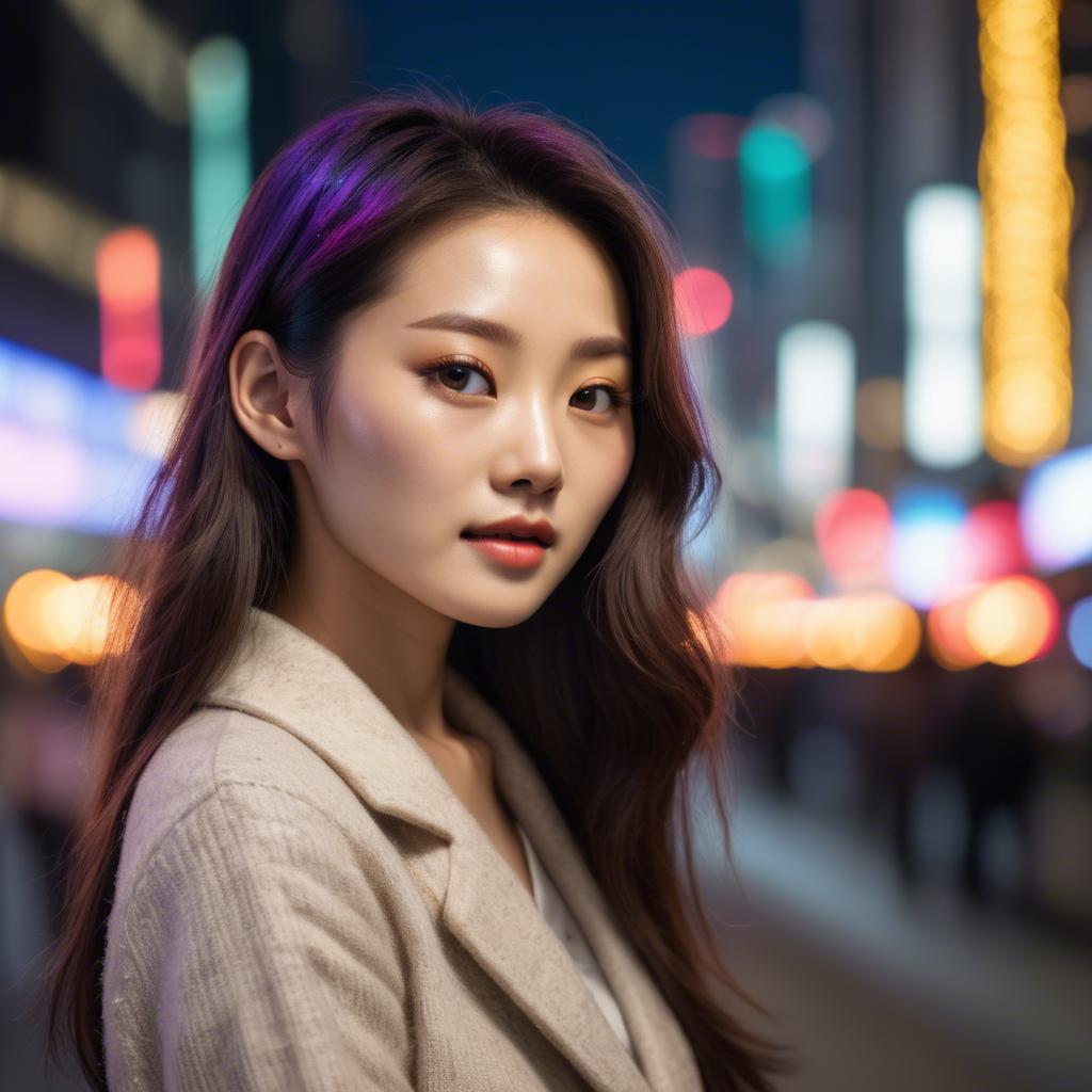 A stunning image of korean model with vibrant city lights in the background.