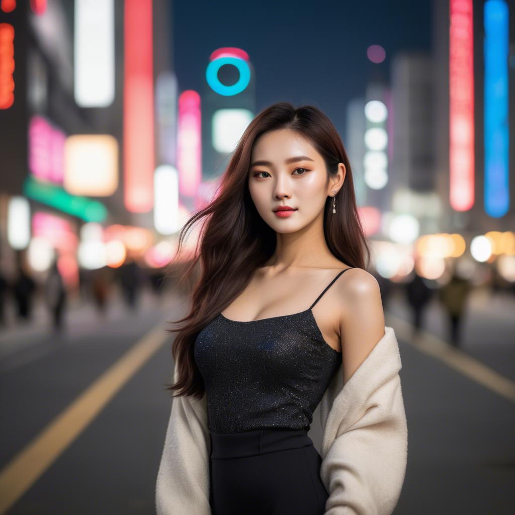 A stunning image of korean model with vibrant city lights in the background.