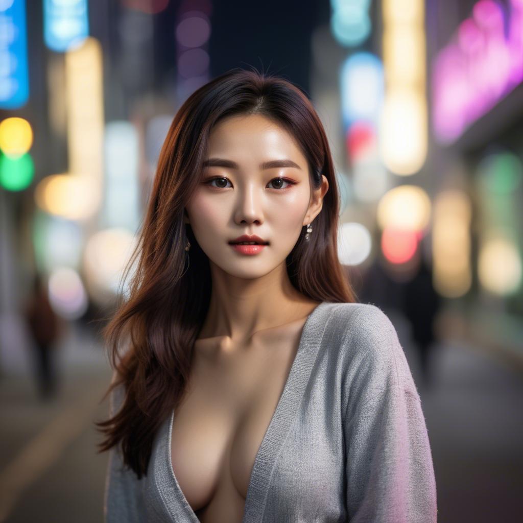 A stunning image of korean model with vibrant city lights in the background.
