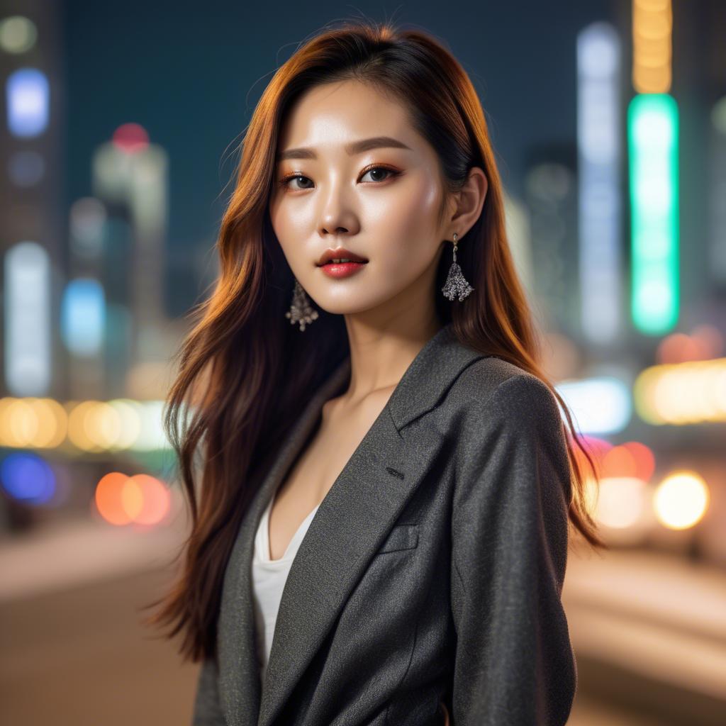 A stunning image of korean model with vibrant city lights in the background.
