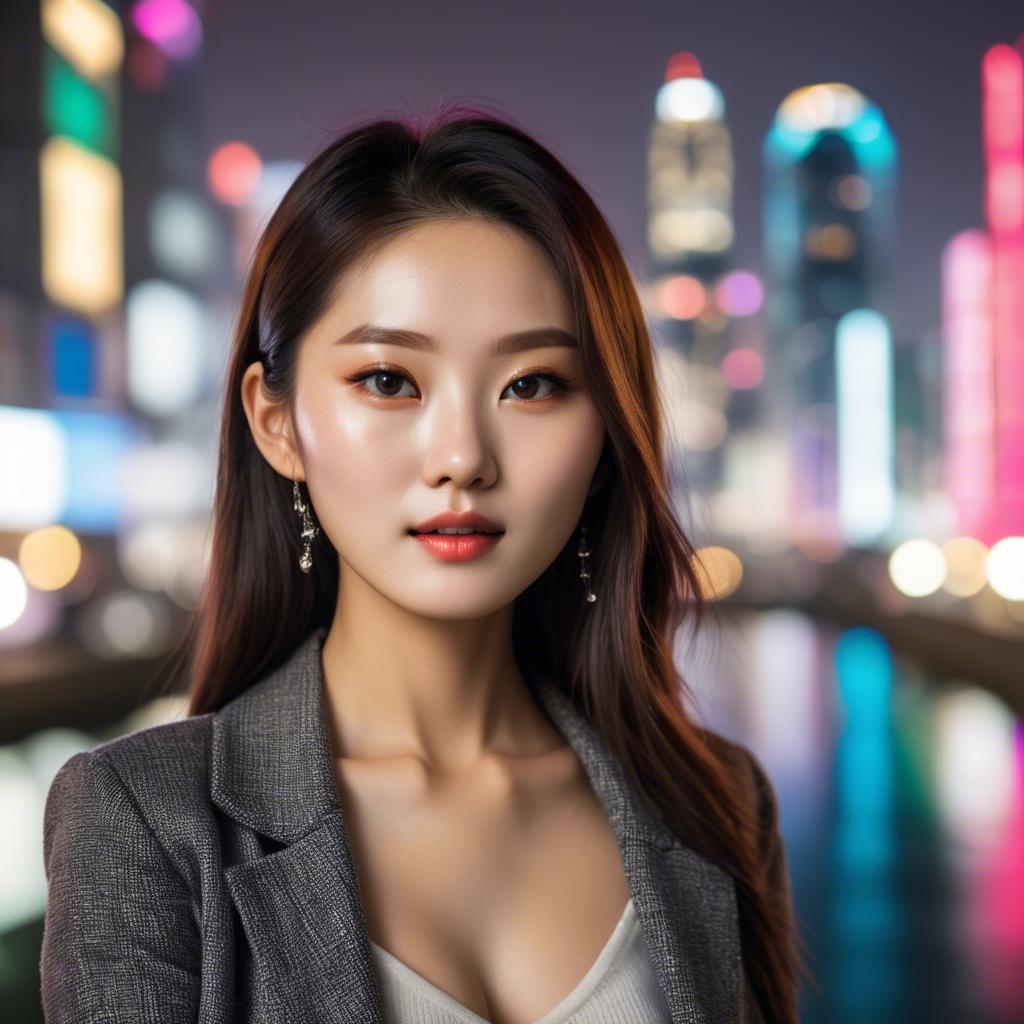 A stunning image of korean model with vibrant city lights in the background.