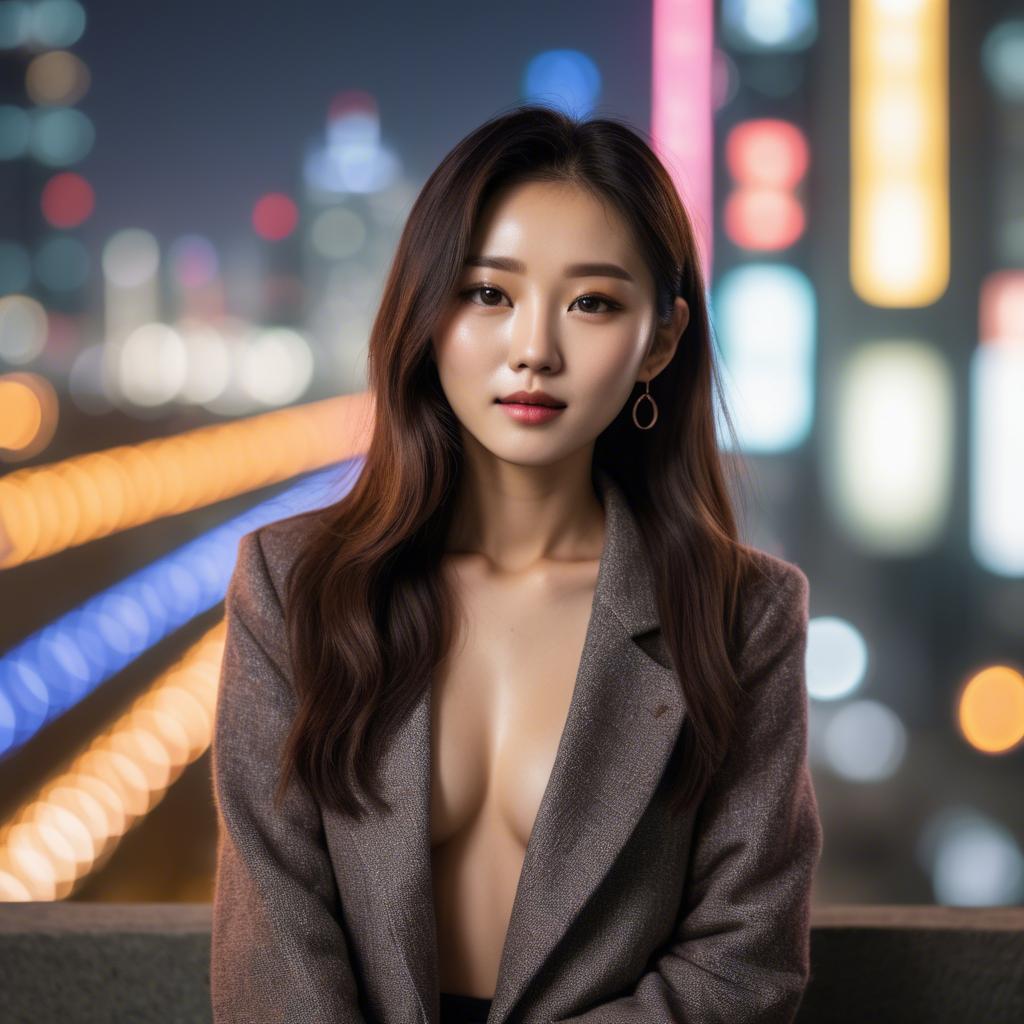 A stunning image of korean model with vibrant city lights in the background.