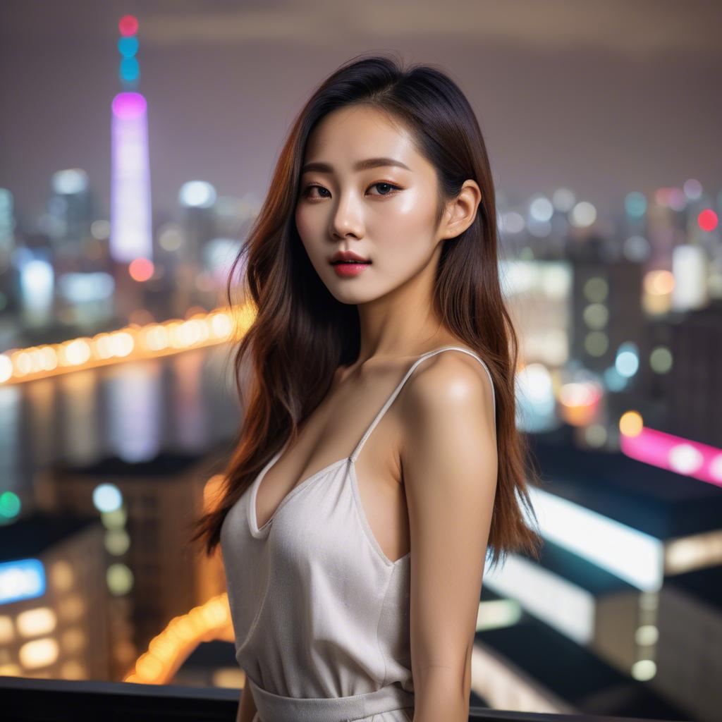 A stunning image of korean model with vibrant city lights in the background.