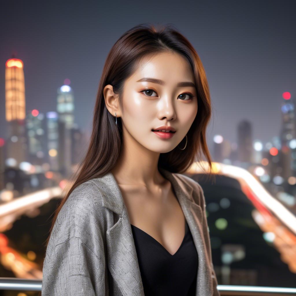 A stunning image of korean model with vibrant city lights in the background.