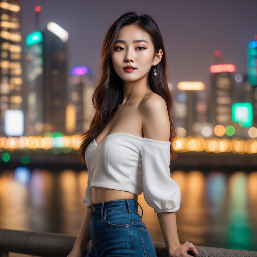 A stunning image of korean model with vibrant city lights in the background.