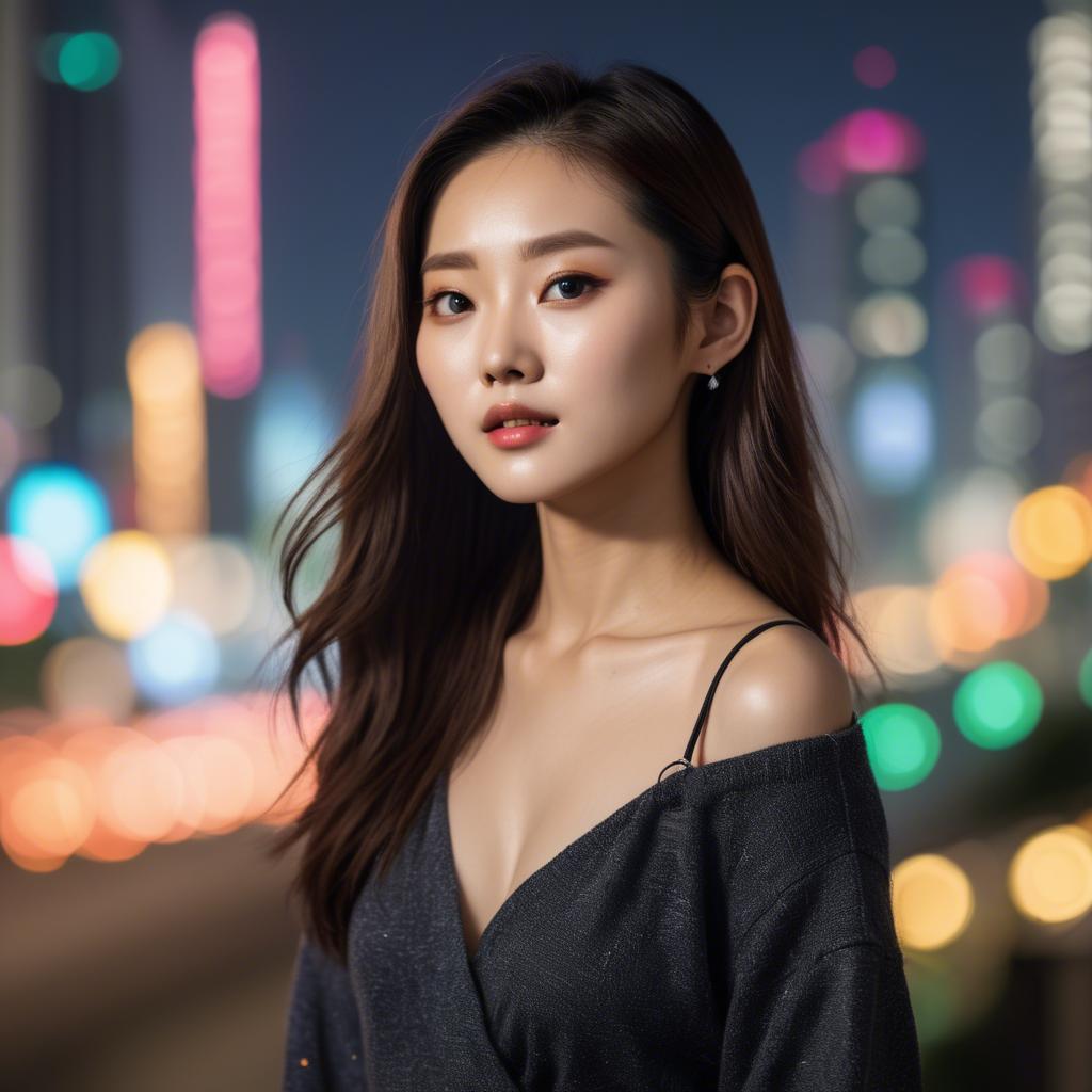 A stunning image of korean model with vibrant city lights in the background.