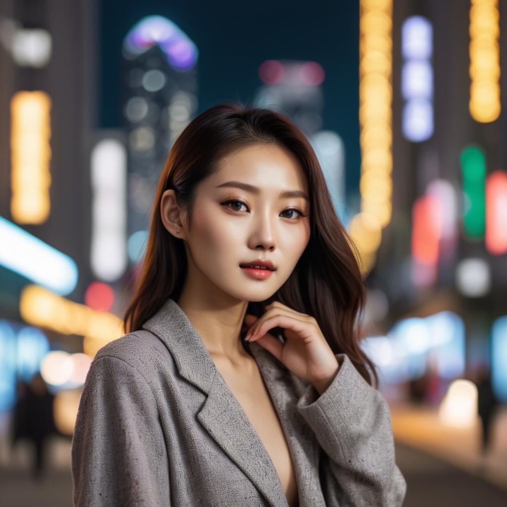 A stunning image of korean model with vibrant city lights in the background.
