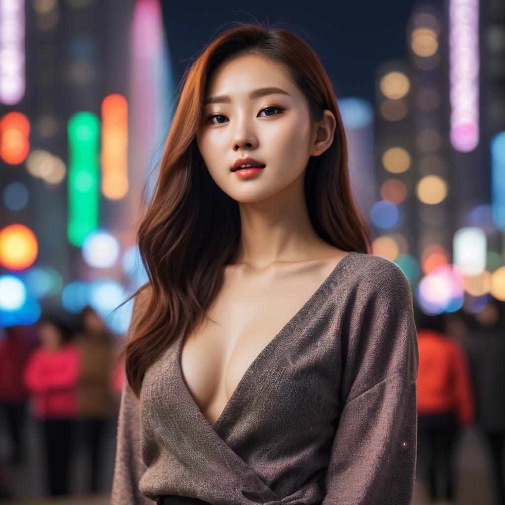 A stunning image of korean model with vibrant city lights in the background.