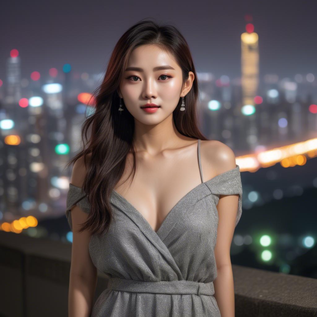 A stunning image of korean model with vibrant city lights in the background.