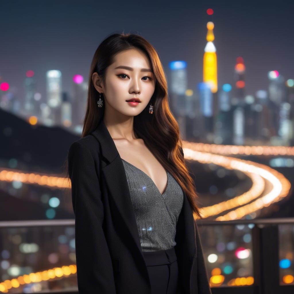 A stunning image of korean model with vibrant city lights in the background.
