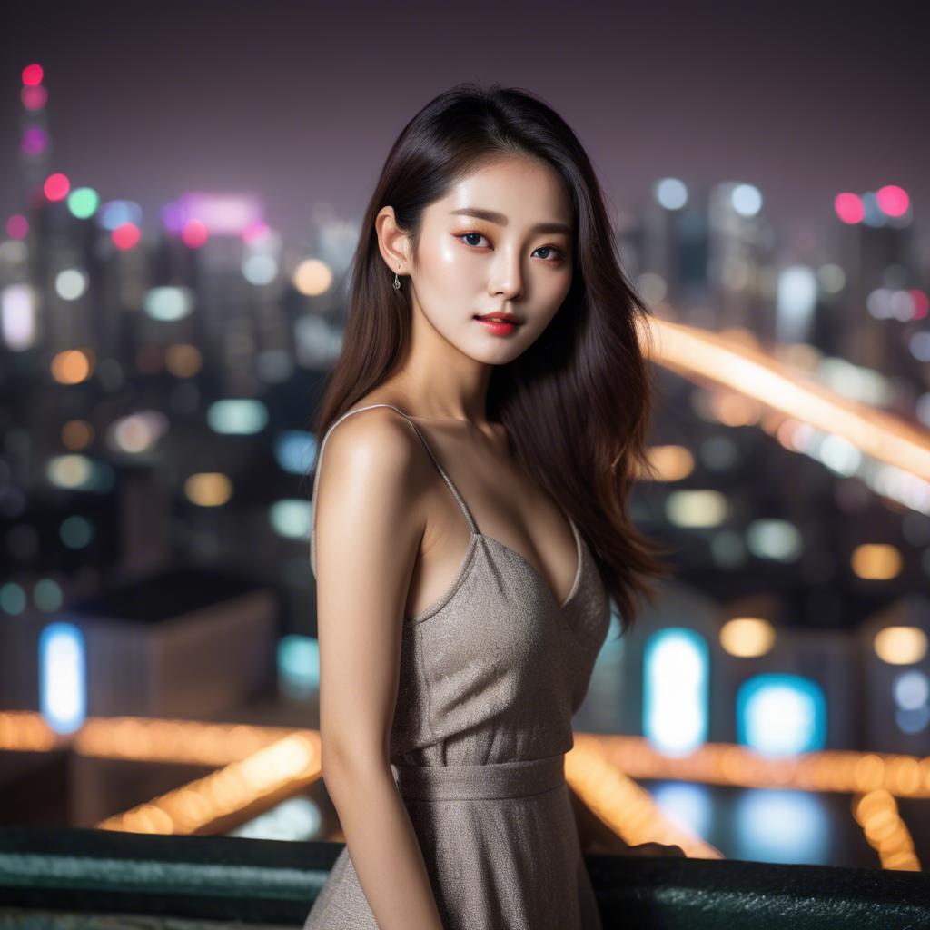 A stunning image of korean model with vibrant city lights in the background.