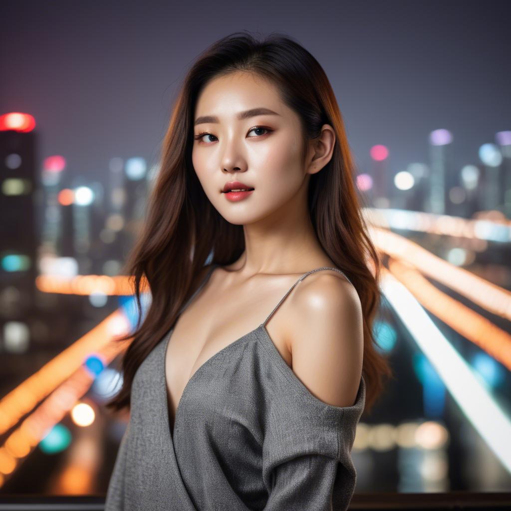 A stunning image of korean model with vibrant city lights in the background.