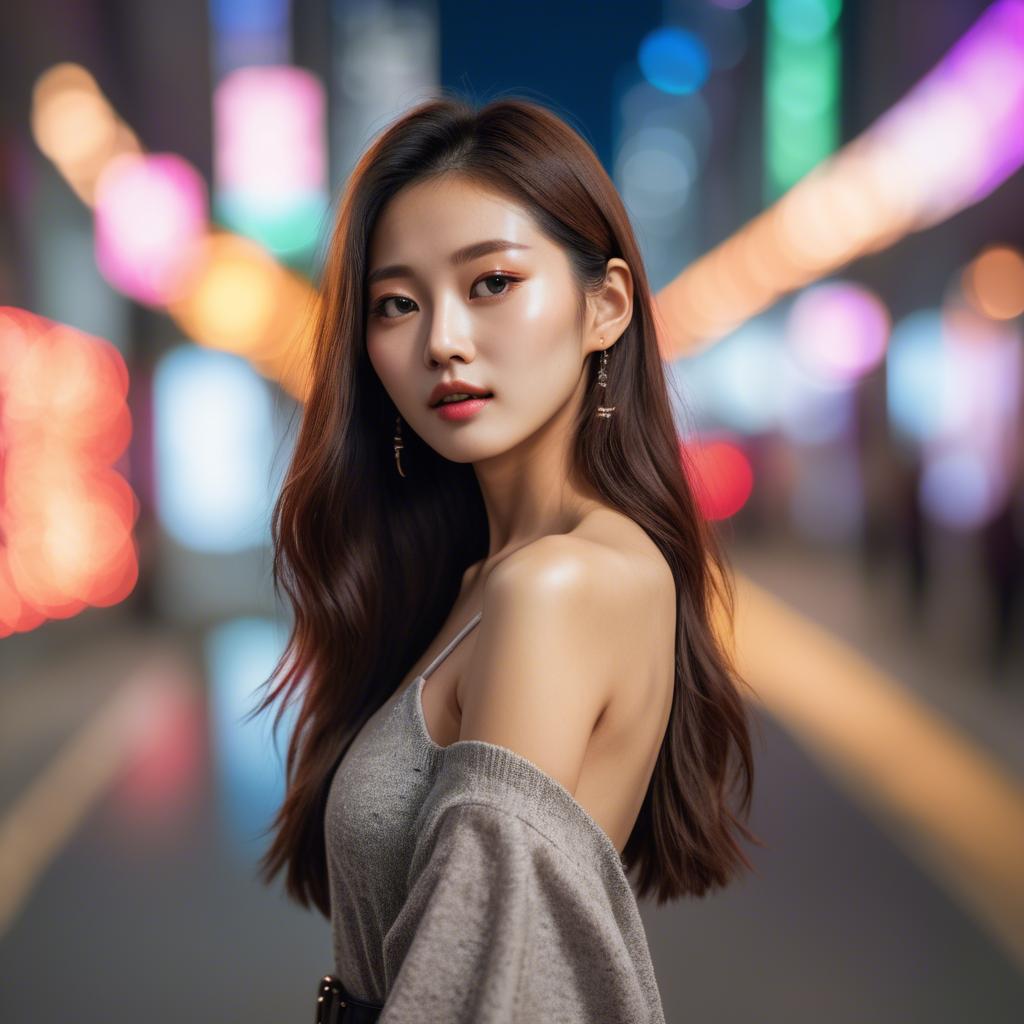 A stunning image of korean model with vibrant city lights in the background.