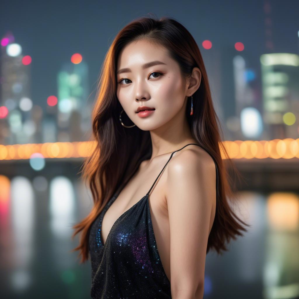 A stunning image of korean model with vibrant city lights in the background.