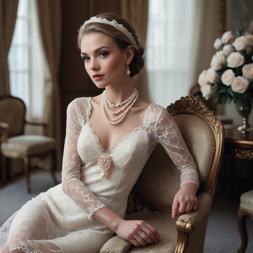 A stunning image of model in lace and pearls, luxurious setting.