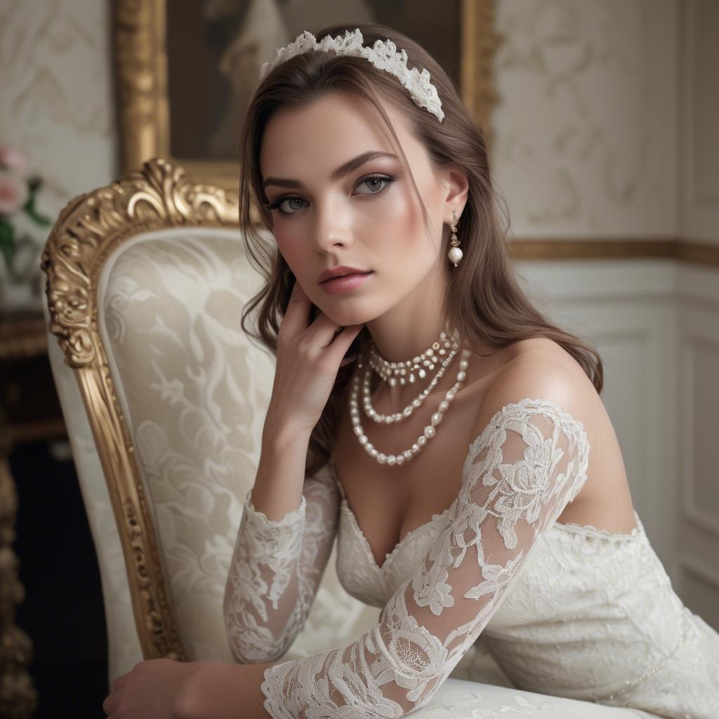 A stunning image of model in lace and pearls, luxurious setting.