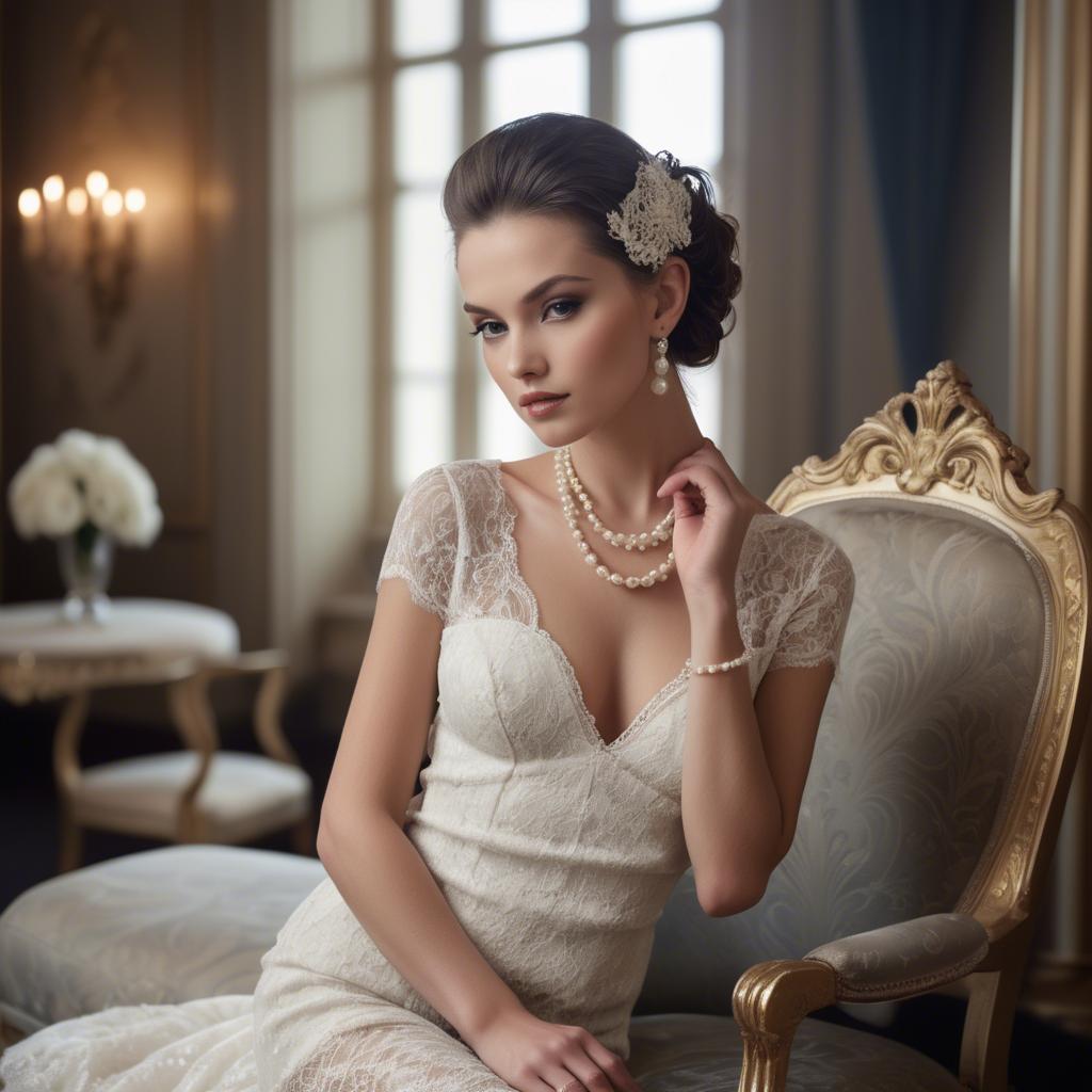 A stunning image of model in lace and pearls, luxurious setting.