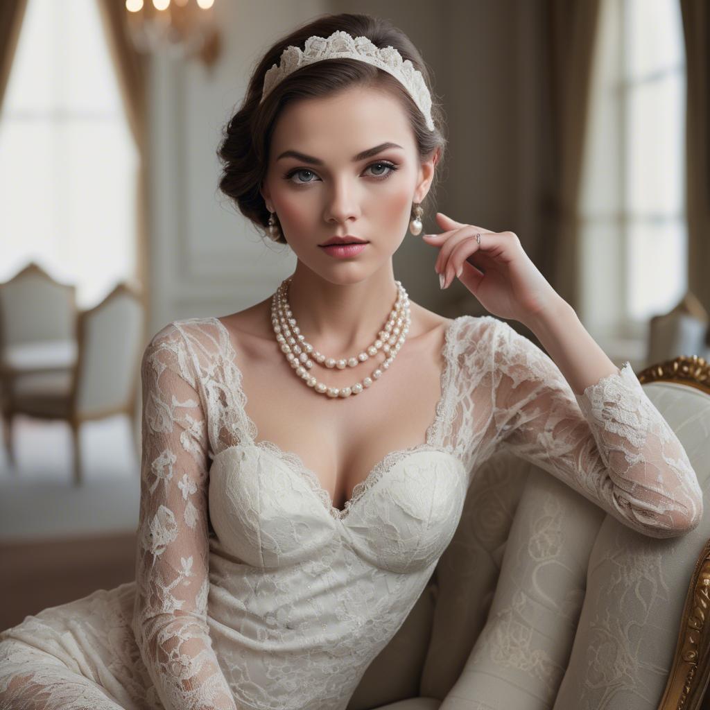 A stunning image of model in lace and pearls, luxurious setting.