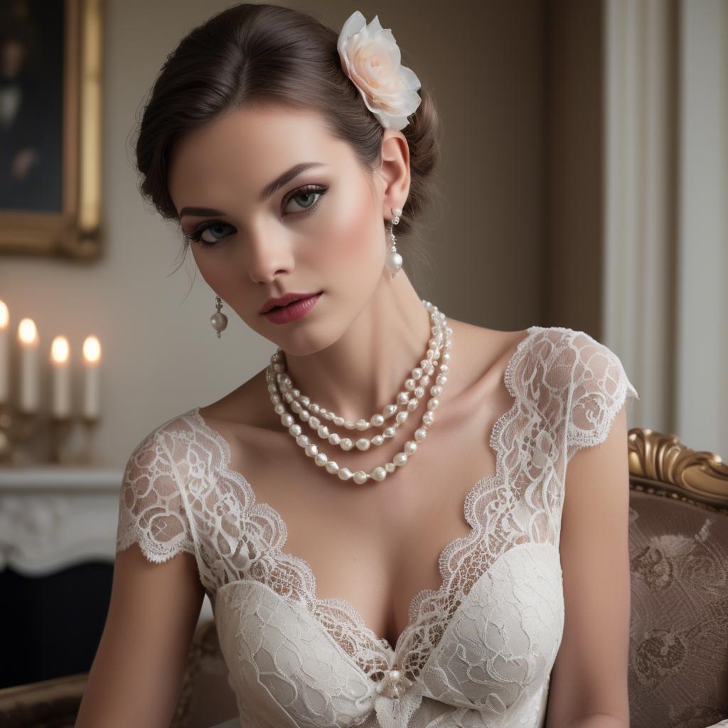 A stunning image of model in lace and pearls, luxurious setting.